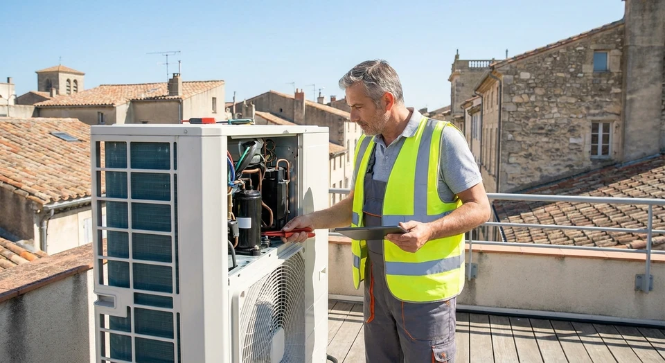 Artisan frigoriste en tenue professionnelle effectuant une intervention de maintenance ou d'installation sur une unit&eacute; de climatisation ou une pompe &agrave; chaleur en milieu professionnel (commerce, bureau ou domicile). L'artisan manipule les &eacute;quipements avec expertise, montrant le savoir-faire technique. Image r&eacute;elle de jour, bien &eacute;clair&eacute;e, mettant en avant la comp&eacute;tence professionnelle et l'exp&eacute;rience du m&eacute;tier.