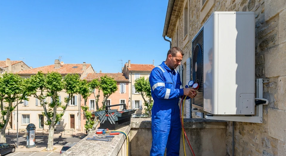 Technicien qualifi&eacute; en combinaison de travail professionnelle effectuant une intervention de maintenance sur une unit&eacute; de climatisation r&eacute;versible ou une pompe &agrave; chaleur install&eacute;e en fa&ccedil;ade d'un b&acirc;timent commercial ou r&eacute;sidentiel, avec des outils professionnels visibles. Le technicien doit &ecirc;tre en train de travailler activement sur l'&eacute;quipement, incarnant l'expertise et la fiabilit&eacute; des interventions certifi&eacute;es RGE et Qualipac de l'entreprise.