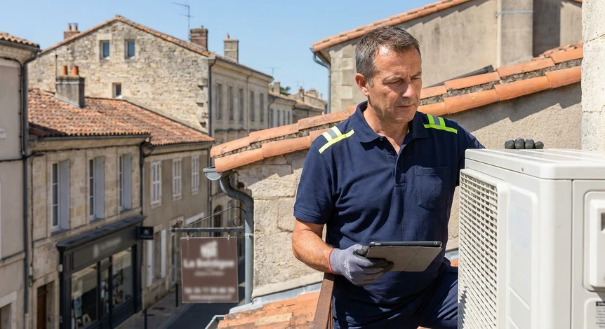 Extérieur résidentiel avec deux pompes à chaleur air-eau blanches installées sur dalles béton, entourées de graviers décoratifs