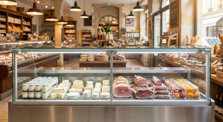 Pâtisserie professionnelle avec deux chefs pâtissiers en tenue blanche travaillant derrière une vitrine de protection
