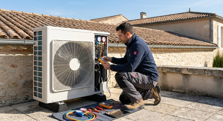 Technicien expérimenté en climatisation et énergies renouvelables, vêtu professionnellement d'une combinaison ou d'un polo aux couleurs de l'entreprise, en train d'intervenir sur une installation de pompe à chaleur ou de système de climatisation chez un client. Le technicien doit être en action (ajustement, vérification, maintenance) dans un environnement résidentiel ou commercial réel, montrant l'engagement professionnel et la proximité avec le client. L'atmosphère doit transmettre la confiance, la compétence et l'implication d'une entreprise familiale dans son métier.