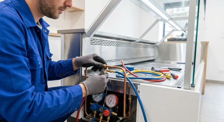 Technicien expérimenté en tenue professionnelle (polo ou combinaison avec logo/couleurs de l'entreprise) effectuant une intervention de maintenance ou d'installation d'un système de climatisation ou de panneaux photovoltaïques. L'image doit montrer le professionnel concentré et compétent dans son travail, en situation réelle, possiblement accompagné d'outils ou d'équipements professionnels. L'arrière-plan peut montrer un intérieur commercial, résidentiel ou un toit, en contexte de travail authentique.