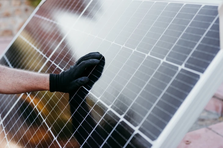 Scène extérieure au coucher de soleil avec installation photovoltaïque au premier plan